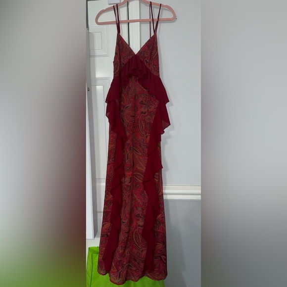 NEW Nasty Gal MAXI LONG DRESS Red Paisley Print Ruffle Halter Neck Size S NWT! - Picture 9 of 12